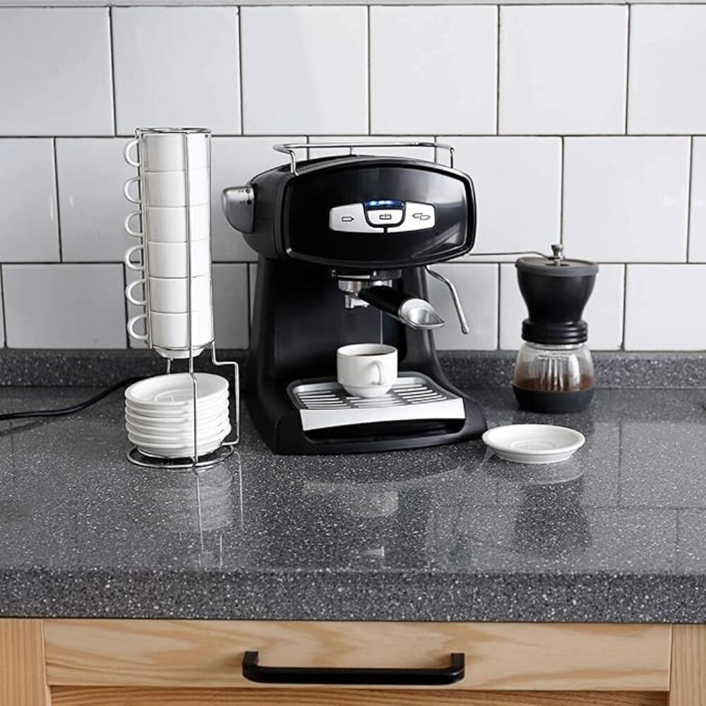 Sweese Porcelain Stackable Espresso Cups with Saucers and Metal Stand | 2.5 oz - Picture 3 of 4